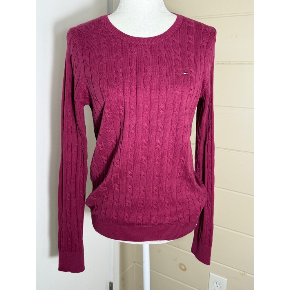 Tommy Hilfiger Magenta Purple Cable Knit Crewneck Sweater Stretch Medium
